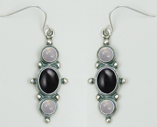 Sterling Silver Drop Dangle Earrings With Black Onyx And Rainbow Moonstone